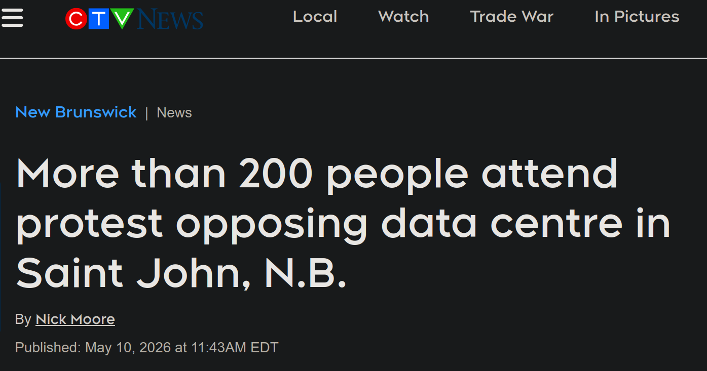 A CTV story about a protest against a data centre in St John New Brunswick
