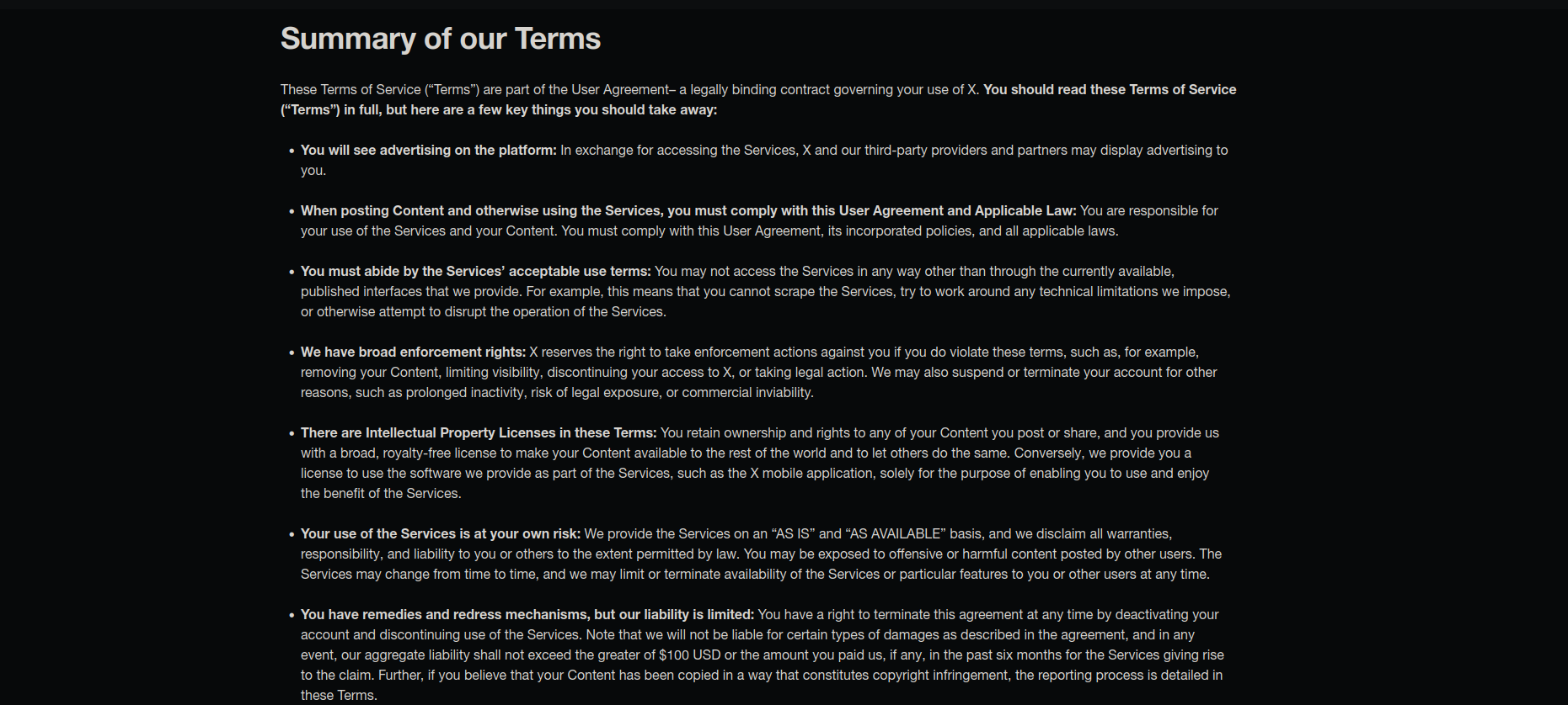 A screenshot of a portion of X's Terms of Service.