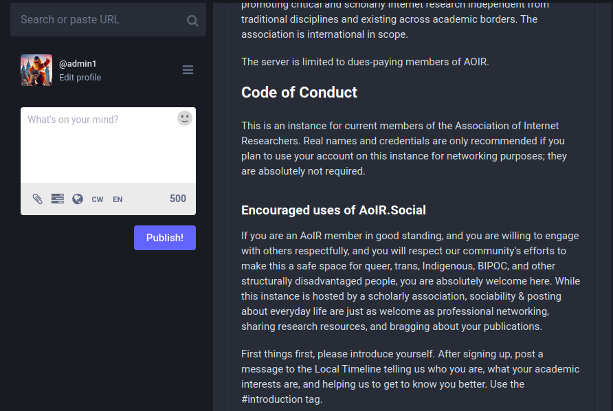 A screenshot of AoIR.social's code of conduct