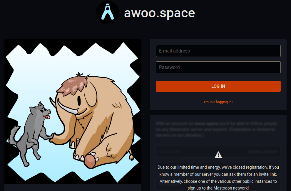 Awoo.space's homepage. Awoo is a Mastodon instance.