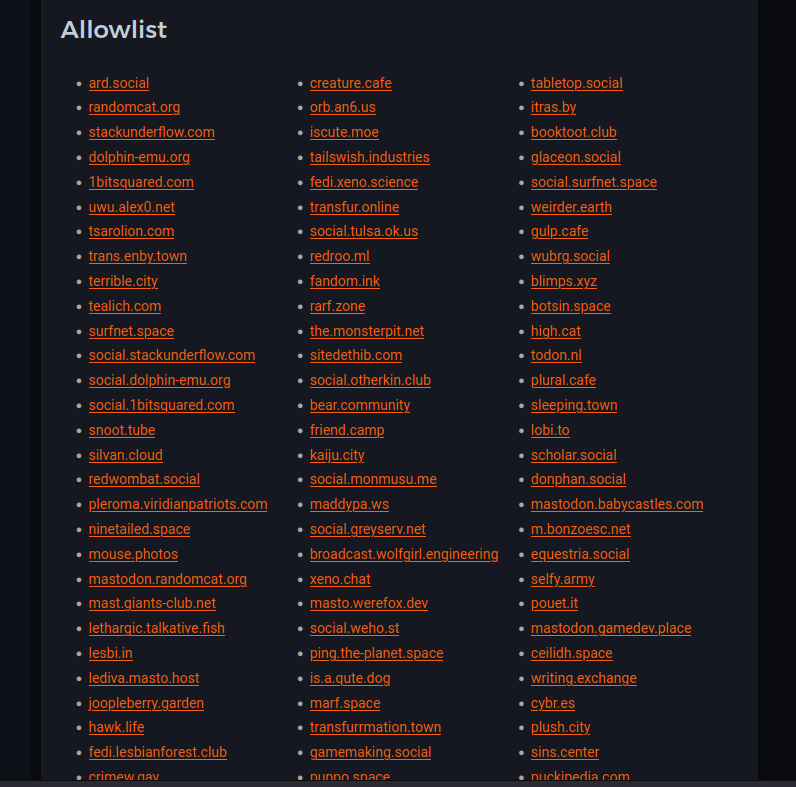 Awoo.space's allow list, which shows which servers they are federated with.