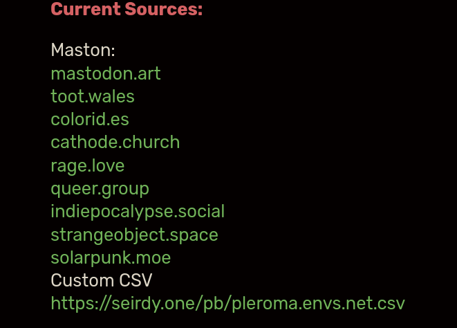 A screenshot of the sources the Bad Space uses to compile the blocklist.