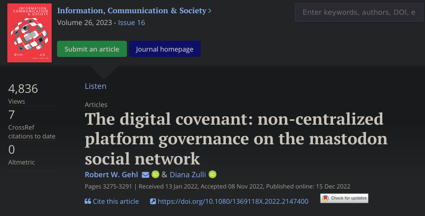 The digital covenant, an article by Robert W Gehl and Diana Zulli