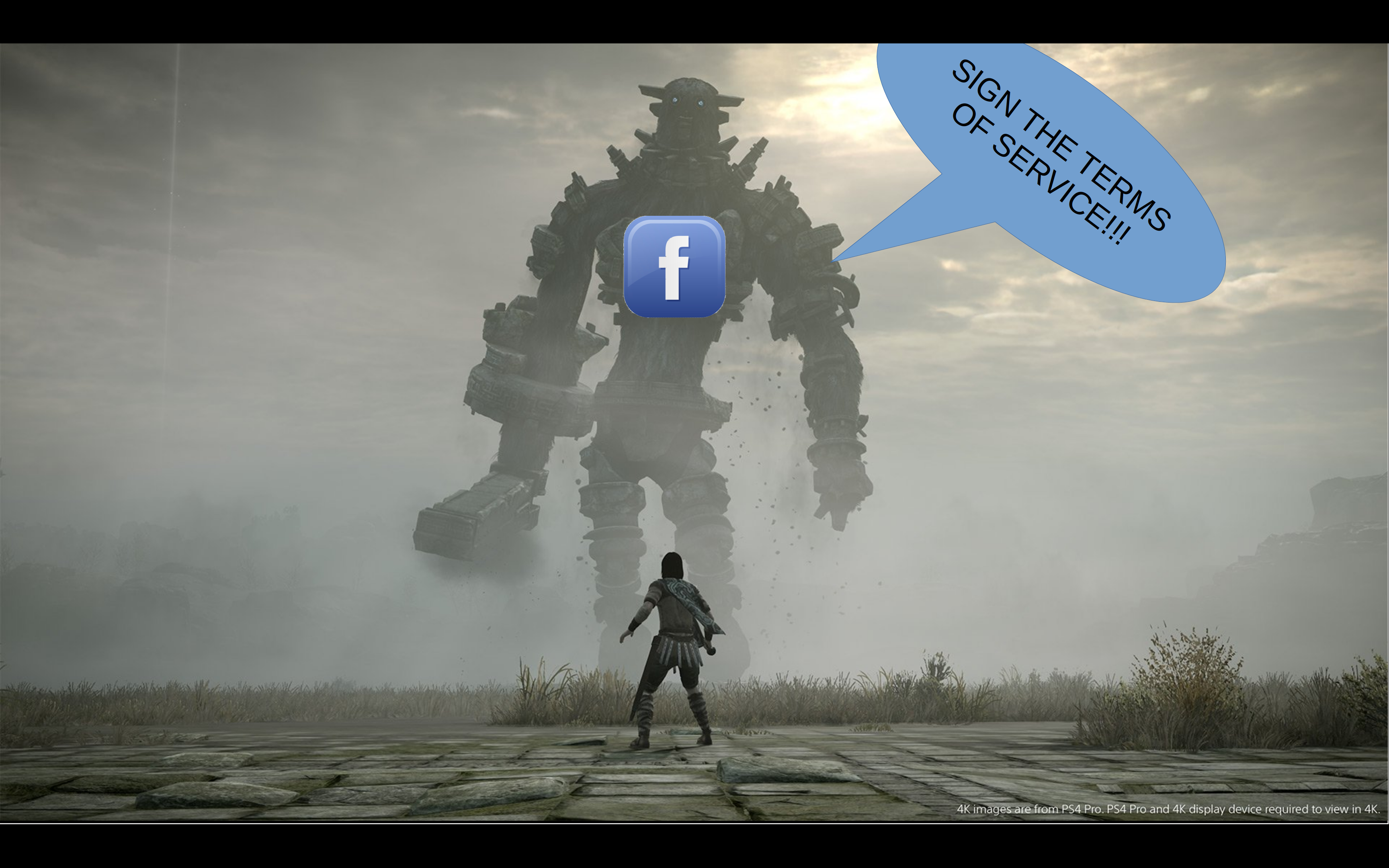 A scene from a video game, where a small figure is standing off against a giant monster. the monster is labelled 'Facebook' and it is yelling 'Sign the terms of service!!!'