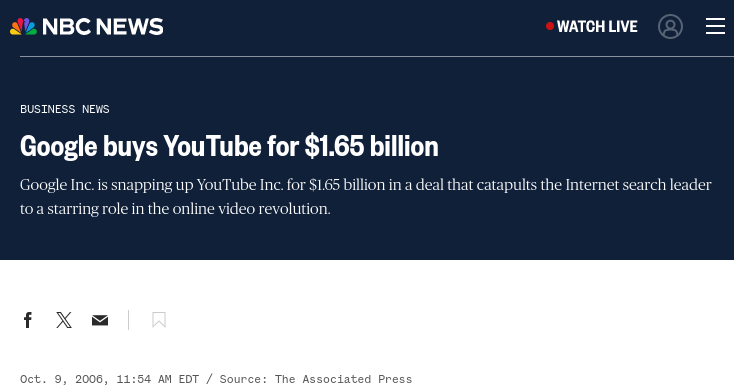 An NBC news headline about Google buying Youtube in 2006