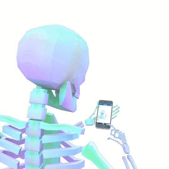 An animated skeleton looks at a phone, which is scrolling. We zoom in and see the same skeleton on the screen. This repeats seemingly endlessly.