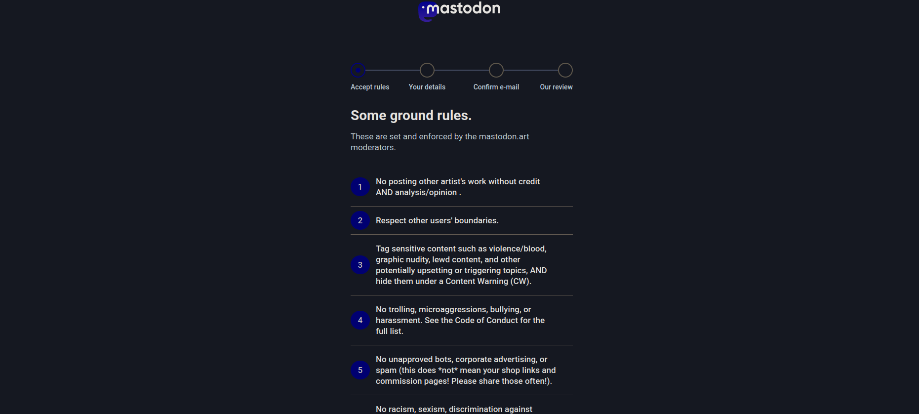 A screenshot of Mastodon.art's code of conduct, with rules such as 'no trolling, microaggressions, bullying, or other harassment'.