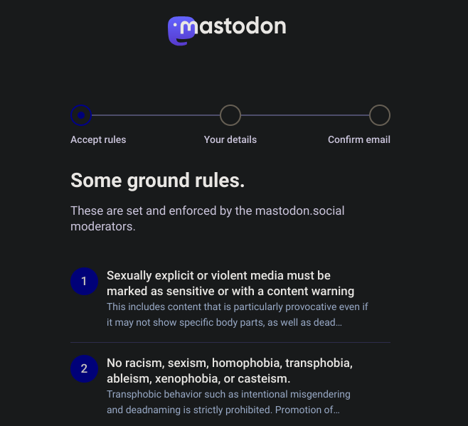 A screenshot of the first two rules of Mastodon.social