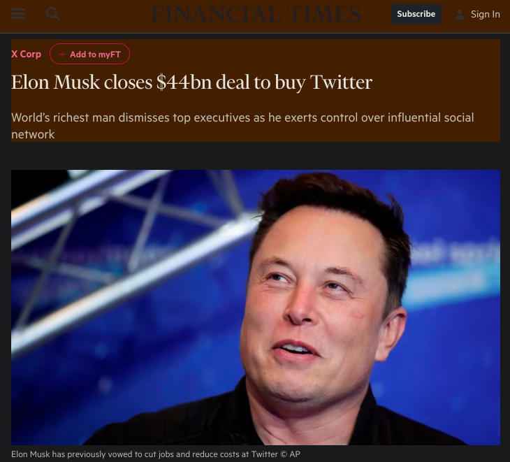 Wikipedia's summary of Musk buying Twitter.