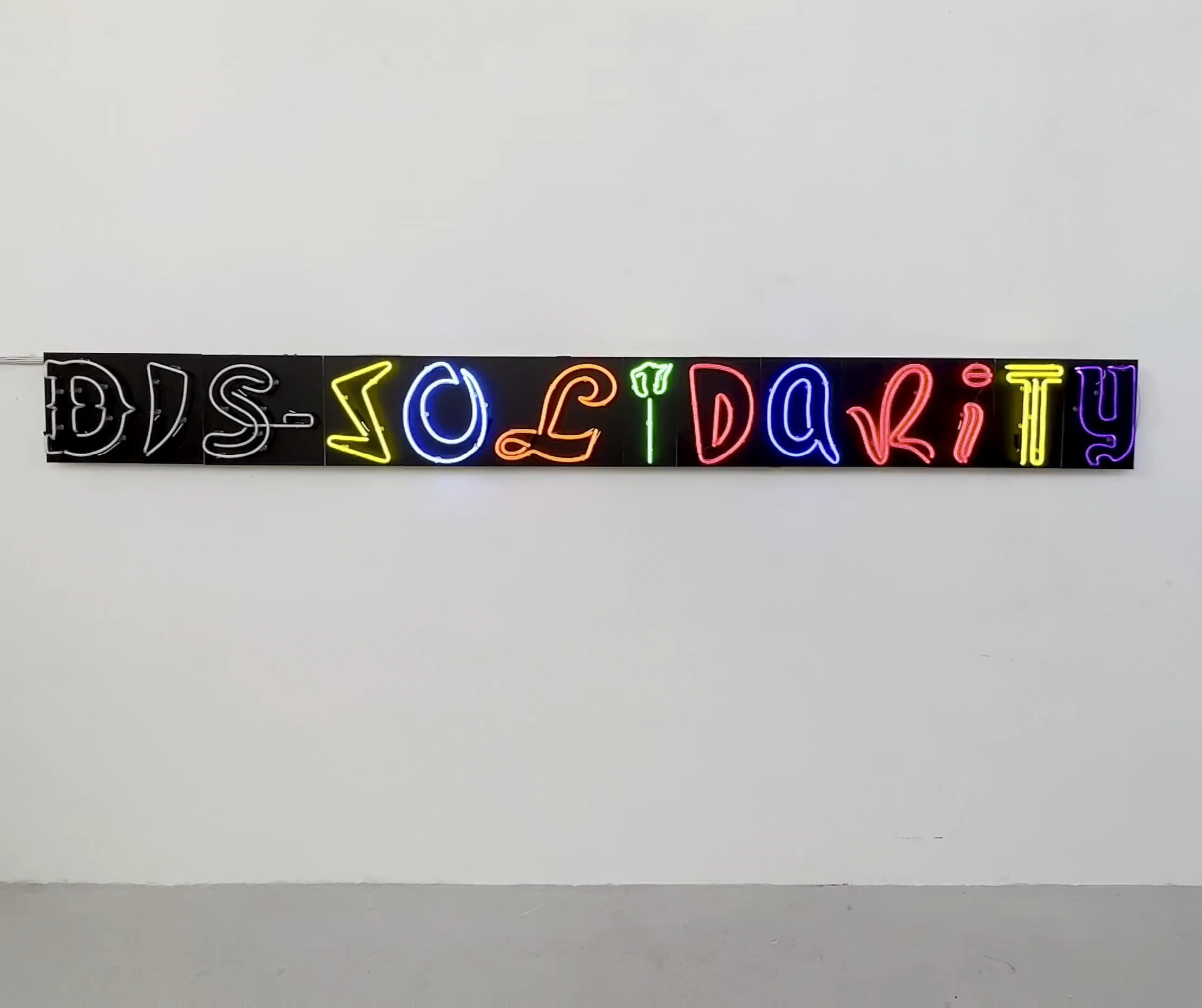 a collection of neon lights that say 'dis-solidarity'