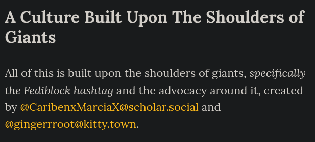 A note from Oliphant about how blocklists are building on the work of Marcia and Ginger, and fediblock.