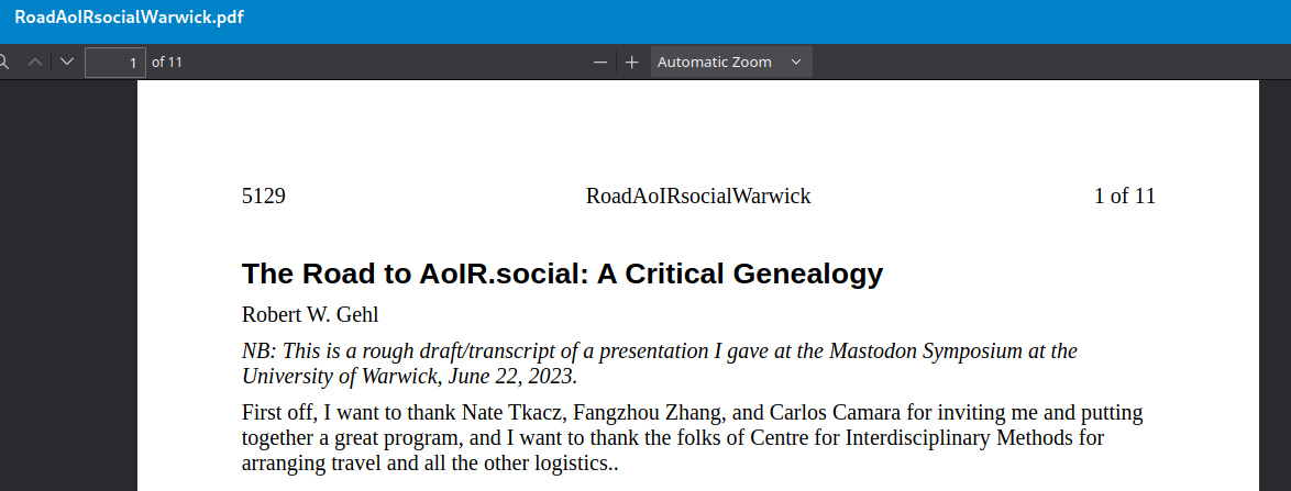 A screenshot of my Nextcloud page sharing the text of a talk I gave at Warwick.