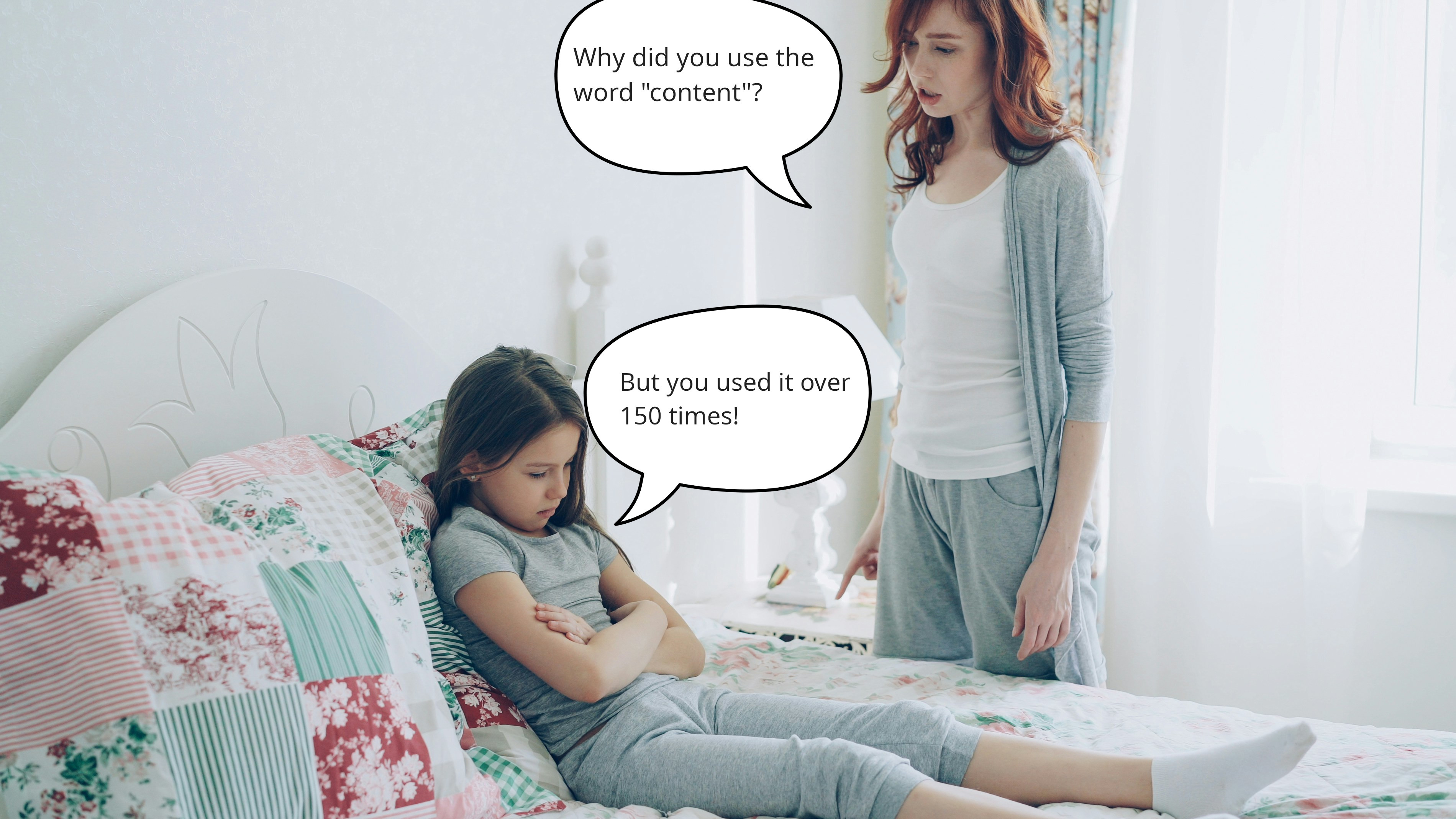 A woman scolding a child on a bed