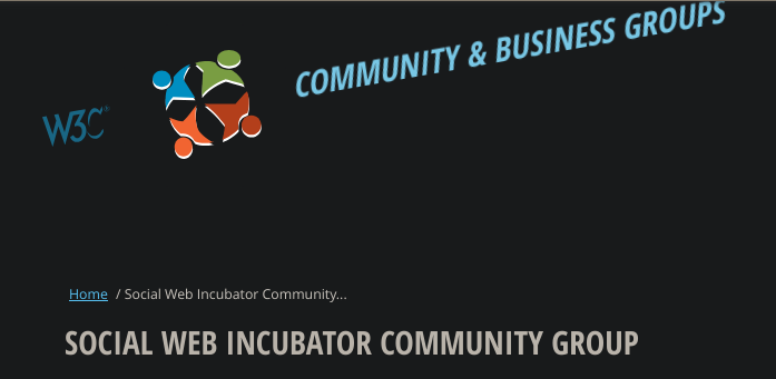 A screenshot for the Social Web Incubator Community group, a group hosted by the World Wide Web consortium