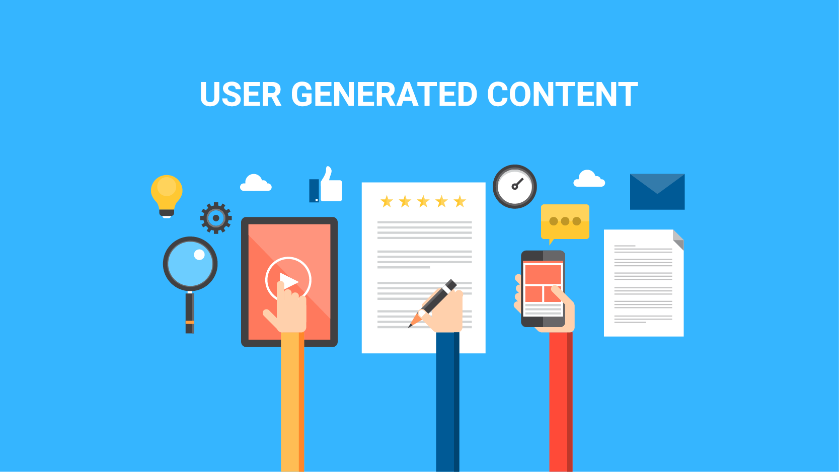 A cartoon that shows people creating user-generated content.