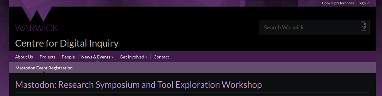 A screenshot of the University of Warwick Mastodon Research Symposium site.