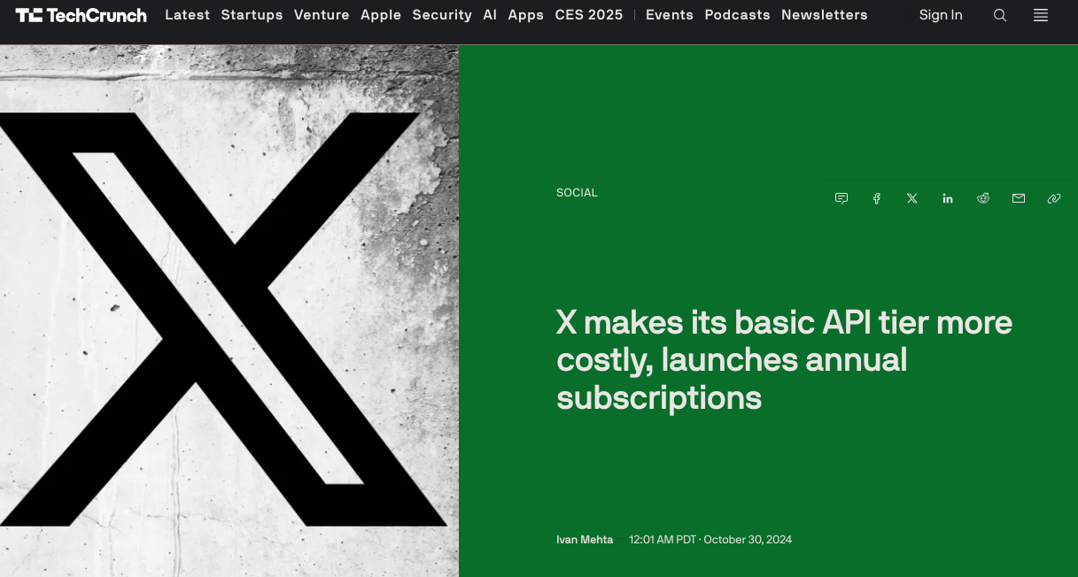 A screenshot of a TechCrunch article about X changing its API pricing